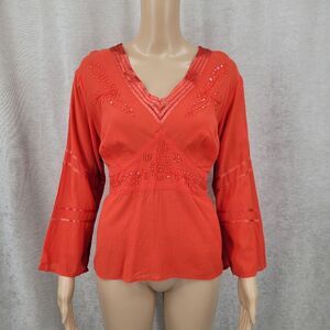Millenium Y2K Women's Orange Red Embellished Top Tie Back Vneck Blouse Fairycore